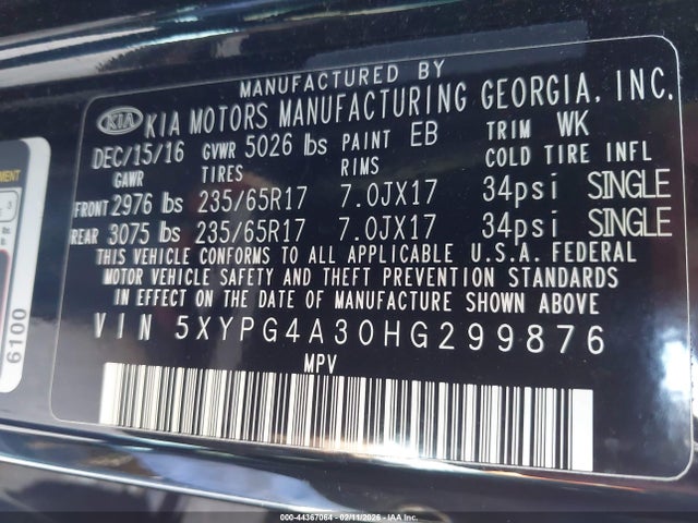 5XYPG4A30HG299876 KIA Sorento 2.4l L