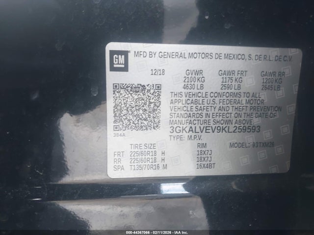 Aukcja sprzedaży 2019 Gmc Terrain Slt, vin: 3GKALVEV9KL259593, numer aukcji: 44367066