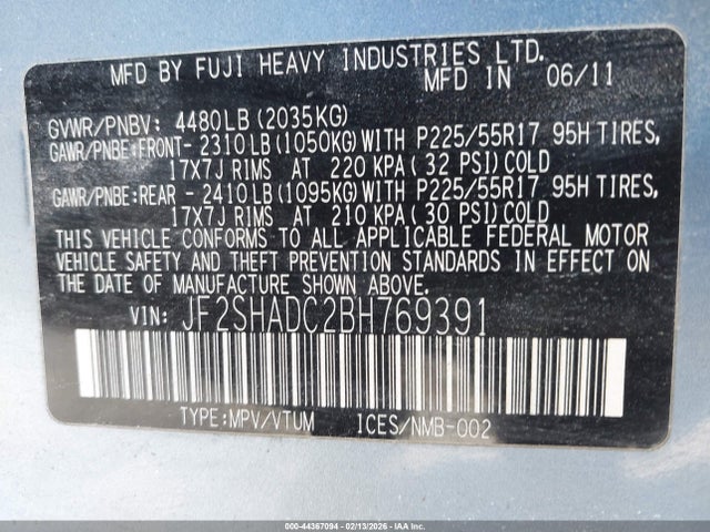 44367094 :رقم المزاد ، JF2SHADC2BH769391 vin ، 2011 Subaru Forester 2.5x Premium مزاد بيع