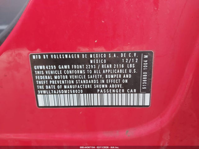 44367104 :رقم المزاد ، 3VWLL7AJ5DM258020 vin ، 2013 Volkswagen Jetta 2.0l Tdi مزاد بيع