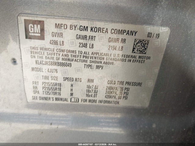 Aukcja sprzedaży 2019 Buick Encore Fwd Preferred, vin: KL4CJASB8KB886049, numer aukcji: 44367107