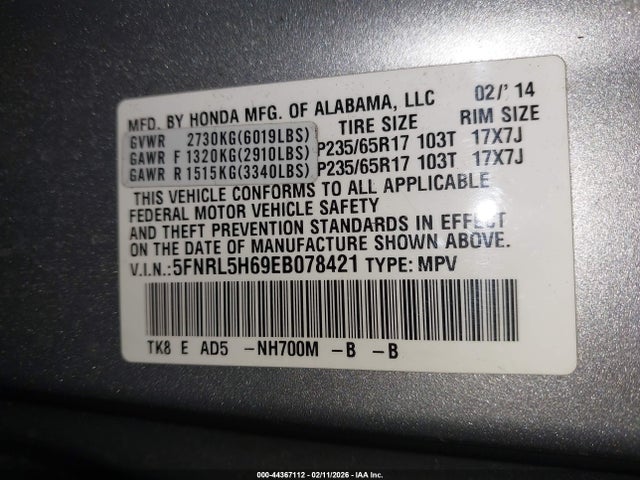 Honda Odyssey Ex-l 2014 5FNRL5H69EB078421 Image 9