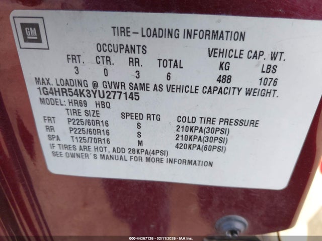 44367126 :رقم المزاد ، 1G4HR54K3YU277145 vin ، 2000 Buick Lesabre Limited مزاد بيع