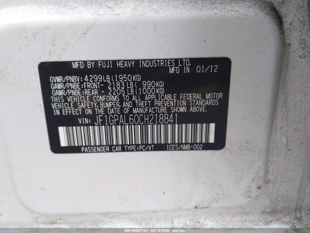 2012 Subaru Impreza 2.0i Sport Premium მანქანა იყიდება აუქციონზე, vin: JF1GPAL60CH218841, აუქციონის ნომერი: 44367131