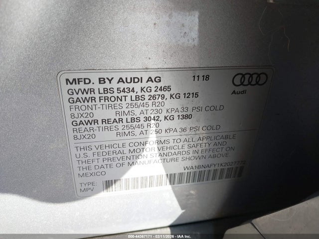 Aukcja sprzedaży 2019 Audi Q5 45 Premium, vin: WA1BNAFY1K2027772, numer aukcji: 44367171