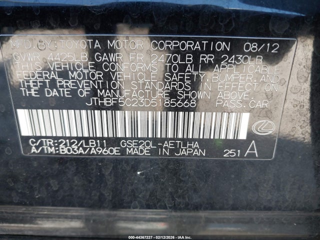 44367227 :رقم المزاد ، JTHBF5C23D5185668 vin ، 2013 Lexus Is 250 مزاد بيع