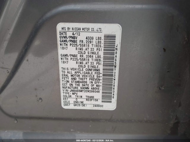44367240 :رقم المزاد ، JN8AS5MT2CW296046 vin ، 2012 Nissan Rogue Sv W/sl Pkg مزاد بيع
