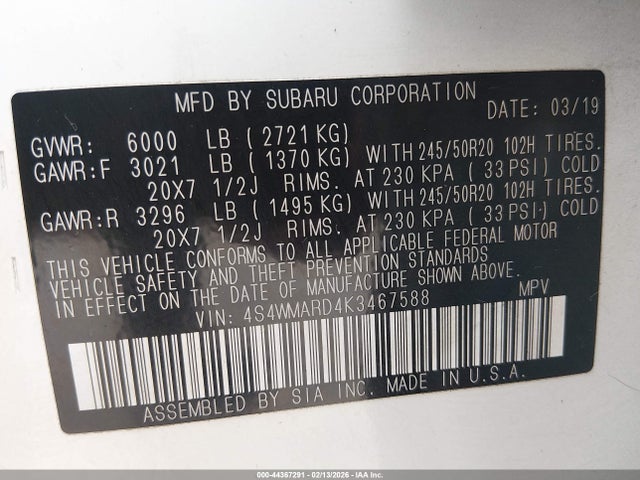 44367291 :رقم المزاد ، 4S4WMARD4K3467588 vin ، 2019 Subaru Ascent Touring مزاد بيع