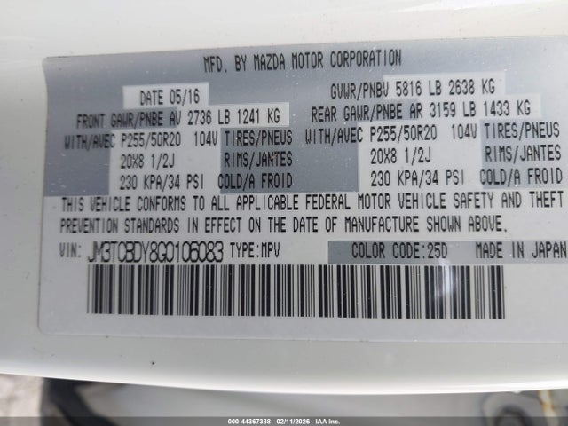 Aukcja sprzedaży 2016 Mazda Cx-9 Grand Touring, vin: JM3TCBDY8G0106083, numer aukcji: 44367388