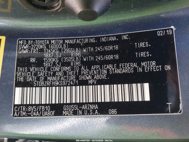 5TDBZRFH9KS972471 Toyota Highlander Le