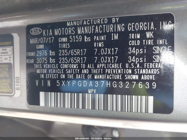 5XYPGDA37HG327639 KIA Sorento 2.4l Lx