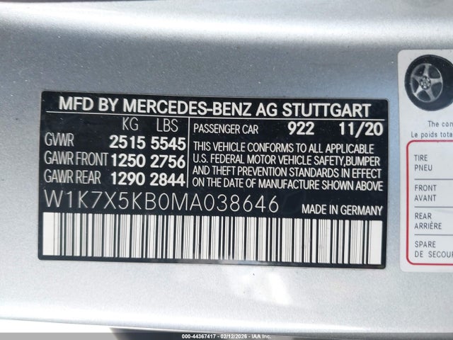 Aukcja sprzedaży 2021 Mercedes-benz Amg Gt 43 4-door Coupe, vin: W1K7X5KB0MA038646, numer aukcji: 44367417