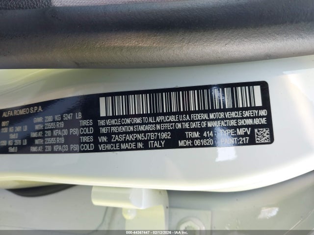Aukcja sprzedaży 2018 Alfa Romeo Stelvio Sport Awd, vin: ZASFAKPN5J7B71962, numer aukcji: 44367447