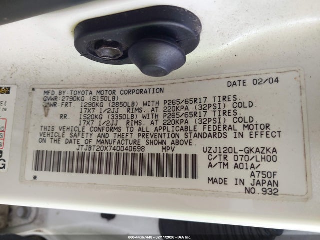 Продаж на аукціоні авто 2004 Lexus Gx 470, vin: JTJBT20X740040698, номер лоту: 44367448
