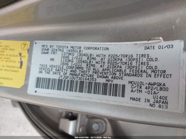 Aukcja sprzedaży 2003 Lexus Rx 300, vin: JTJGF10U730164353, numer aukcji: 44367498
