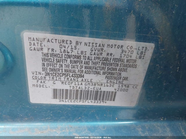 44367508 :رقم المزاد ، 3N1CE2CP5FL433394 vin ، 2015 Nissan Versa Note Sv مزاد بيع