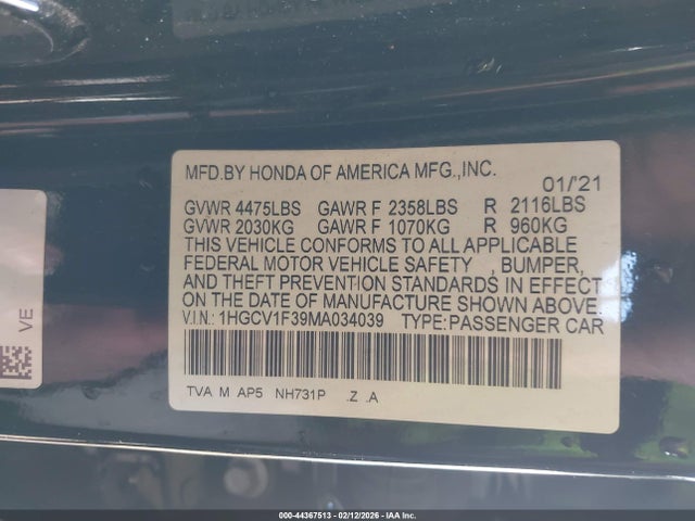 1HGCV1F39MA034039 Honda Accord Sport