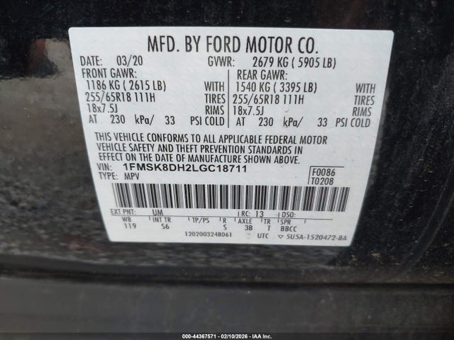 Ford EXPLORER XLT 2020 1FMSK8DH2LGC18711 Image 9
