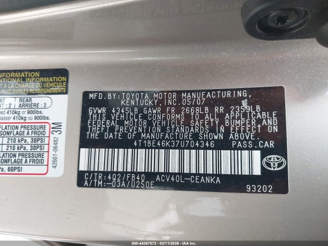 2007 TOYOTA CAMRY 4T1BE46K37U704346 Photo 8