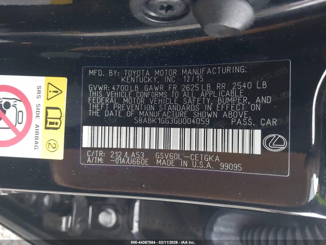Продаж на аукціоні авто 2016 Lexus Es 350, vin: 58ABK1GG3GU004059, номер лоту: 44367584