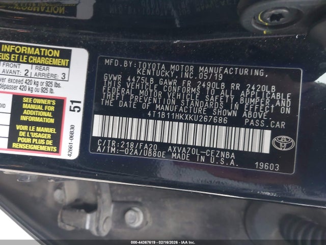 4T1B11HKXKU267686 Toyota Camry L/le/xle/se/xse
