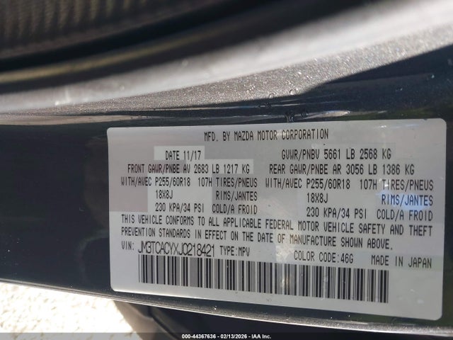 44367636 :رقم المزاد ، JM3TCACYXJ0218421 vin ، 2018 Mazda Cx-9 Touring مزاد بيع