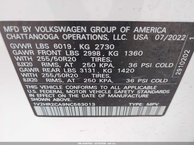 1V2HR2CA9NC563013 Volkswagen Atlas 3.6l V6 Se W/technology