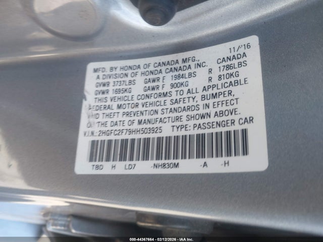 Honda CIVIC EX 2017 2HGFC2F79HH503925 Image 9