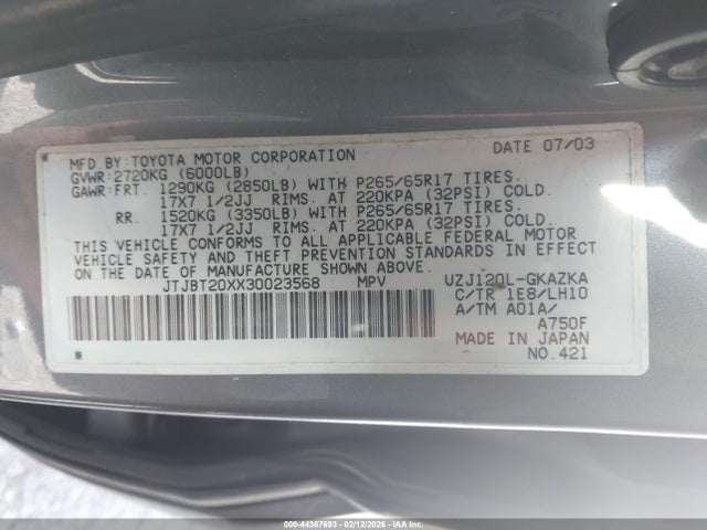 44367693 :رقم المزاد ، JTJBT20XX30023568 vin ، 2003 Lexus Gx 470 مزاد بيع