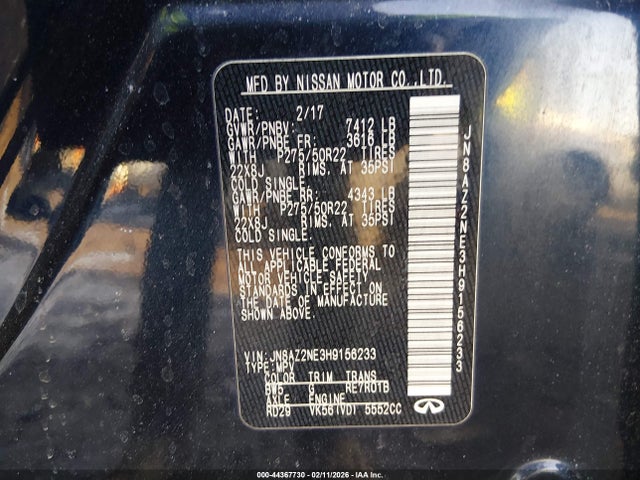 Aukcja sprzedaży 2017 Infiniti Qx80, vin: JN8AZ2NE3H9156233, numer aukcji: 44367730