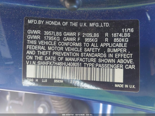 SHHFK7H46HU408051 Honda Civic Sport