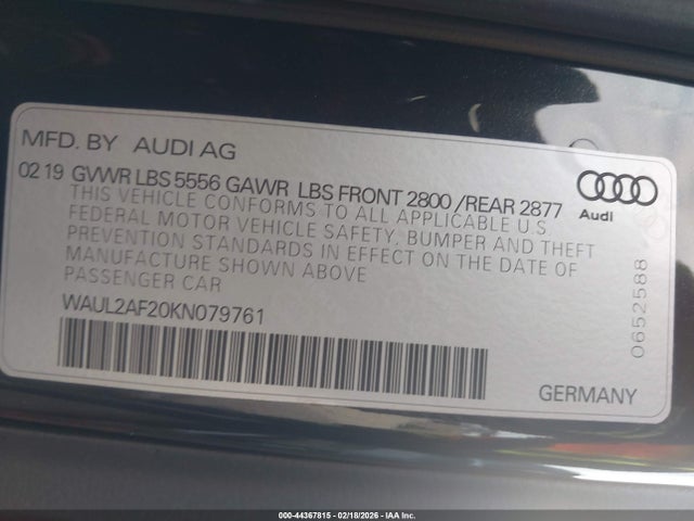 44367815 :رقم المزاد ، WAUL2AF20KN079761 vin ، 2019 Audi A6 55 Premium مزاد بيع