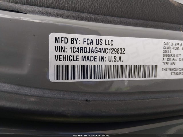 44367848 :رقم المزاد ، 1C4RDJAG4NC129832 vin ، 2022 Dodge Durango Sxt Awd مزاد بيع
