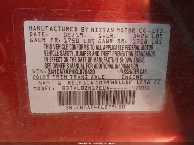 2019 NISSAN VERSA 3N1CN7AP4KL879420 Photo 8