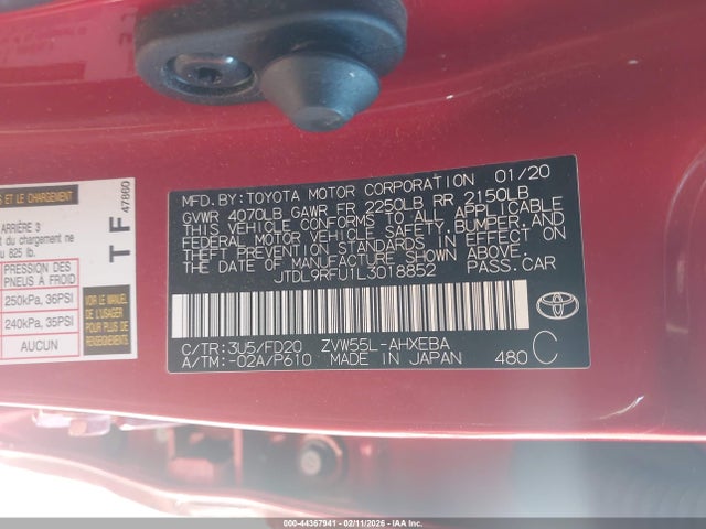 2020 Toyota Prius Le Awd-e მანქანა იყიდება აუქციონზე, vin: JTDL9RFU1L3018852, აუქციონის ნომერი: 44367941