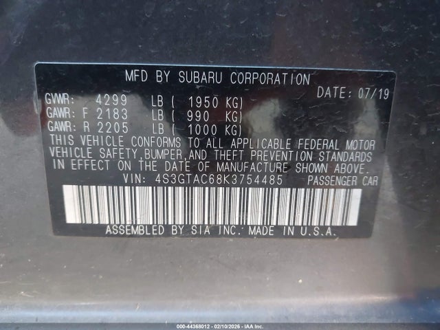 2019 Subaru Impreza 2.0i Premium მანქანა იყიდება აუქციონზე, vin: 4S3GTAC68K3754485, აუქციონის ნომერი: 44368012