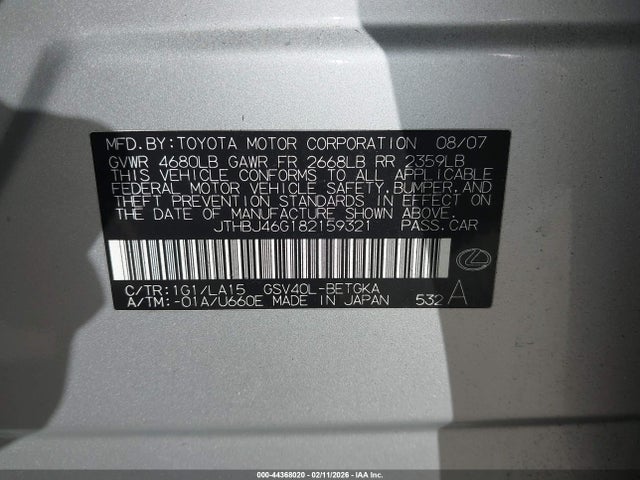 Aukcja sprzedaży 2008 Lexus Es 350, vin: JTHBJ46G182159321, numer aukcji: 44368020