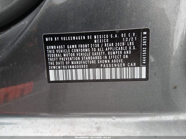 Aukcja sprzedaży 2022 Volkswagen Jetta 1.5t S, vin: 3VWCM7BU3NM000893, numer aukcji: 44368025