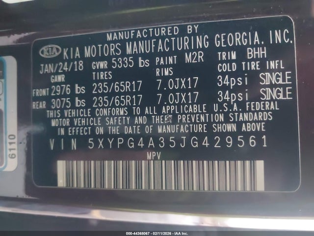 5XYPG4A35JG429561 KIA Sorento 2.4l Lx