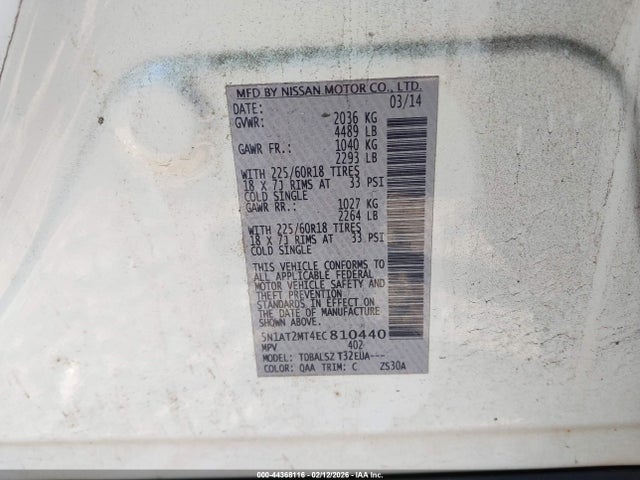 44368116 :رقم المزاد ، 5N1AT2MT4EC810440 vin ، 2014 Nissan Rogue Sl مزاد بيع
