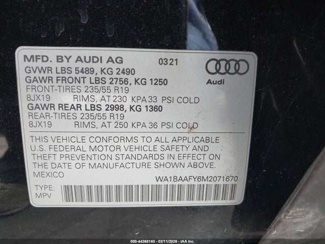 WA1BAAFY6M2071670 Audi Q5 Premium Plus 45 Tfsi Quattro S Tronic