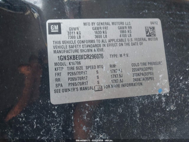 2012 CHEVROLET TAHOE 1GNSKBE0XCR296076 Photo 8