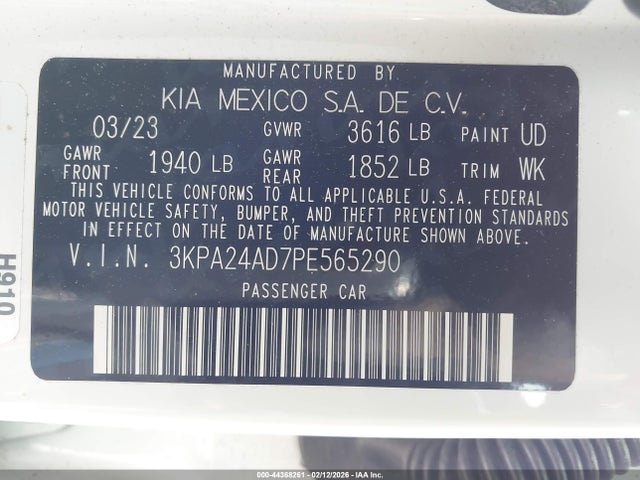 44368261 :رقم المزاد ، 3KPA24AD7PE565290 vin ، 2023 Kia Rio S مزاد بيع