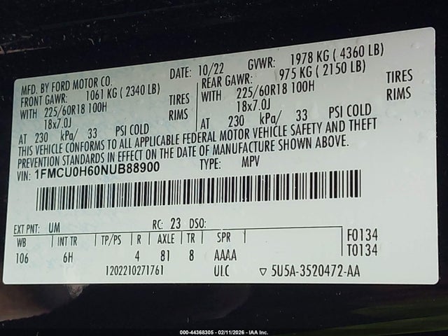 1FMCU0H60NUB88900 Ford ESCAPE SEL