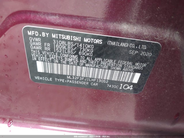 Aukcja sprzedaży 2020 Mitsubishi Mirage G4 Es, vin: ML32F3FJ1LHF13052, numer aukcji: 44368337