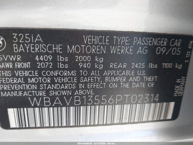 Aukcja sprzedaży 2006 Bmw 325i, vin: WBAVB13556PT02314, numer aukcji: 44368355