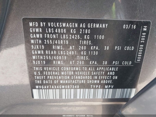 Aukcja sprzedaży 2016 Volkswagen Tiguan R-line, vin: WVGAV7AX4GW087348, numer aukcji: 44368372
