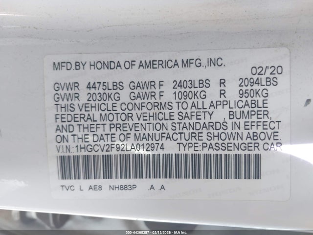 1HGCV2F92LA012974 Honda Accord Touring