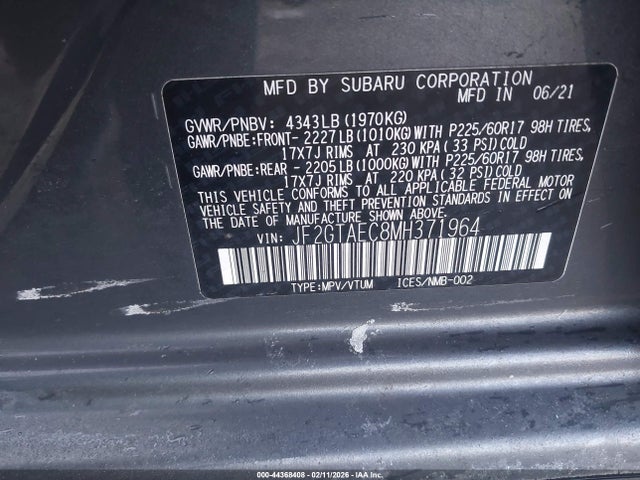 2021 Subaru Crosstrek Premium მანქანა იყიდება აუქციონზე, vin: JF2GTAEC8MH371964, აუქციონის ნომერი: 44368408