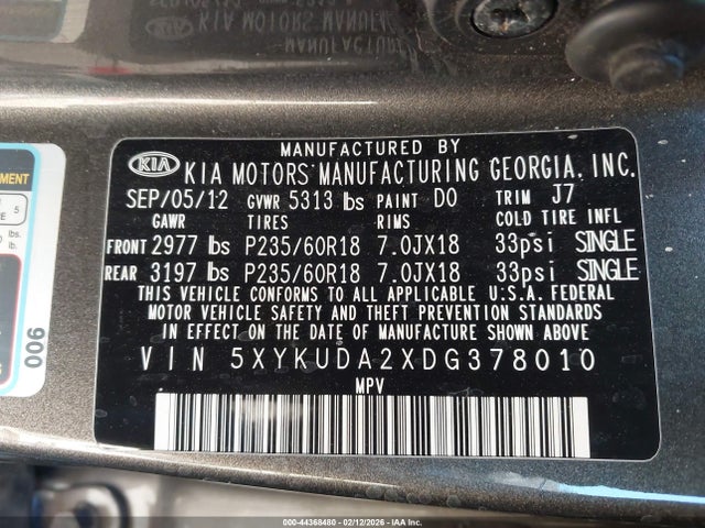 Продаж на аукціоні авто 2013 Kia Sorento Ex V6, vin: 5XYKUDA2XDG378010, номер лоту: 44368480